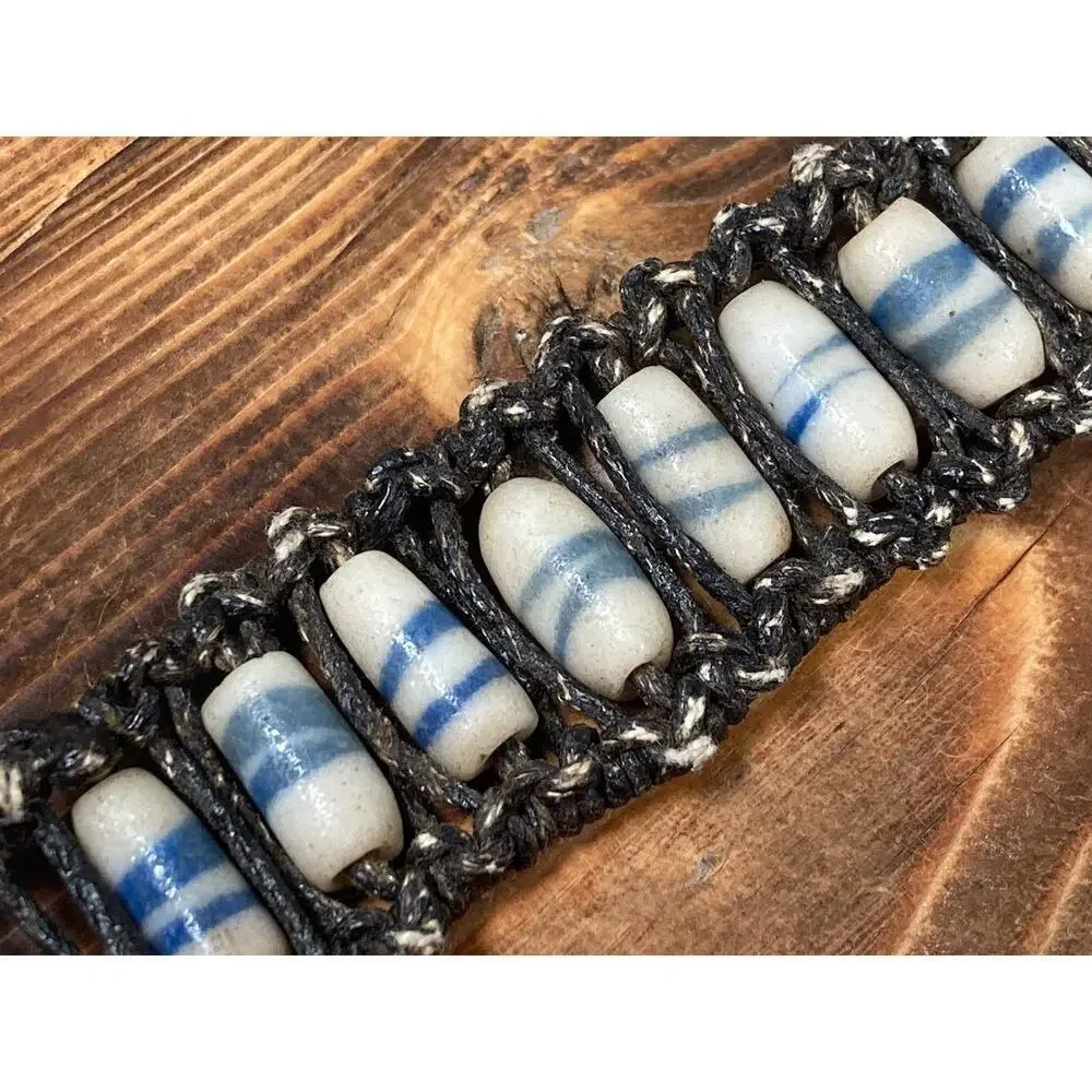 Vintage Tribal Sand Cast Beaded Ladder Woven Bracelet Silver Clasp Signed 8.25”